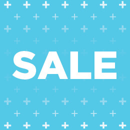 Blue graphic with "sale" in white words in the center